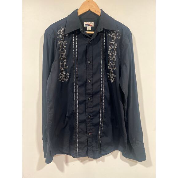 American Vintage Mens Cotton Embroidered Western Button-up Shirt  Black - Picture 2 of 7